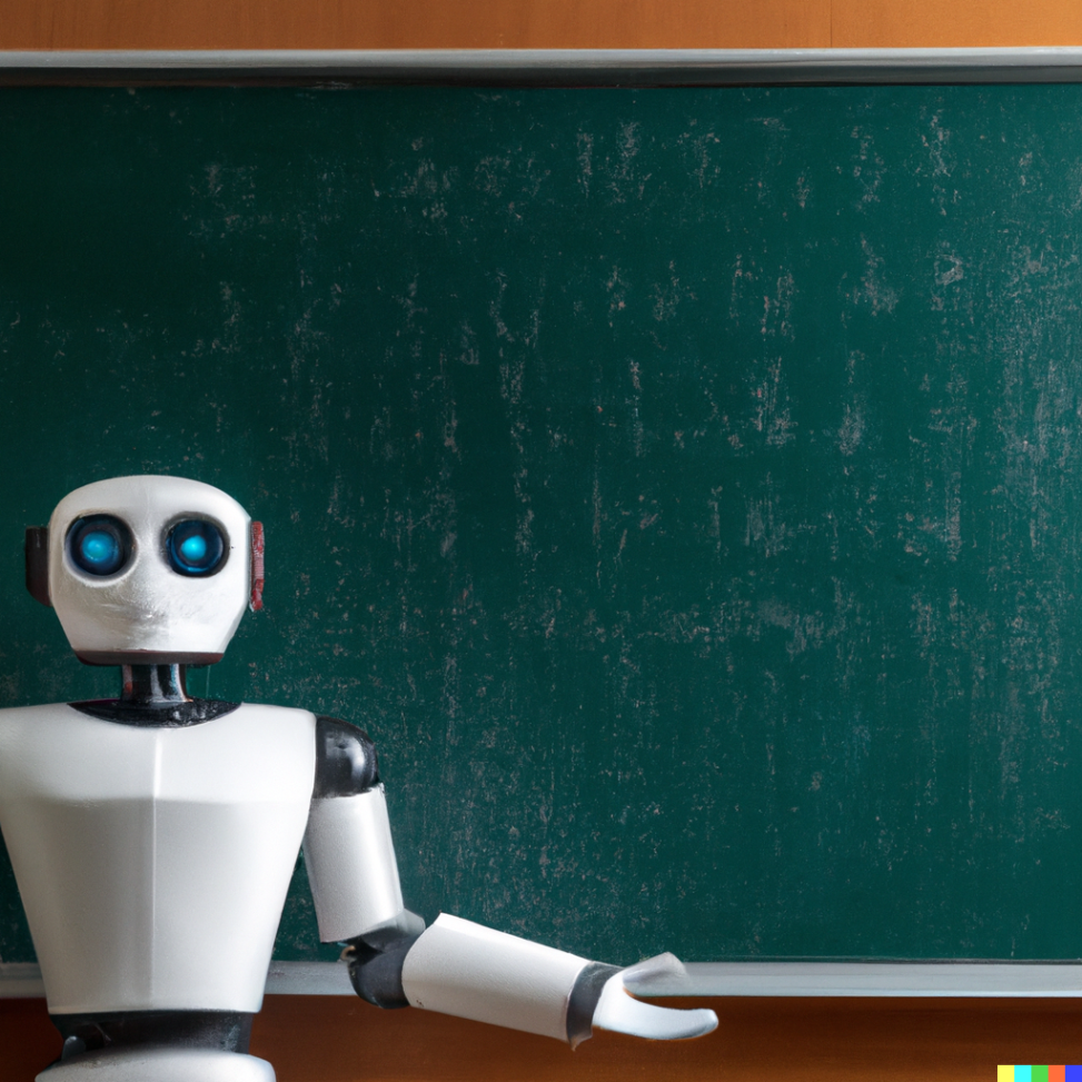A white plastic looking robot leaning against a blank chalkboard