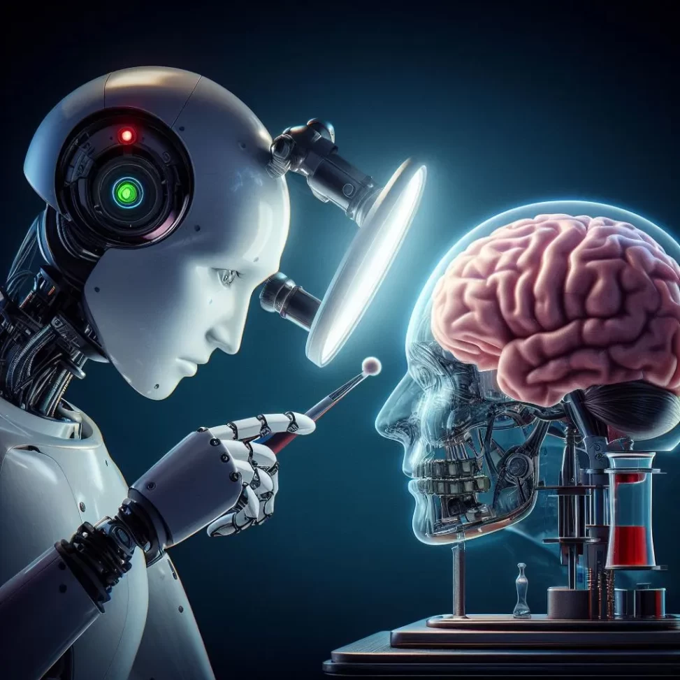 On the left a glistening white robot figure with a large light attached to forehead examines with some hand held instrument a brain like object encased in a metal skull