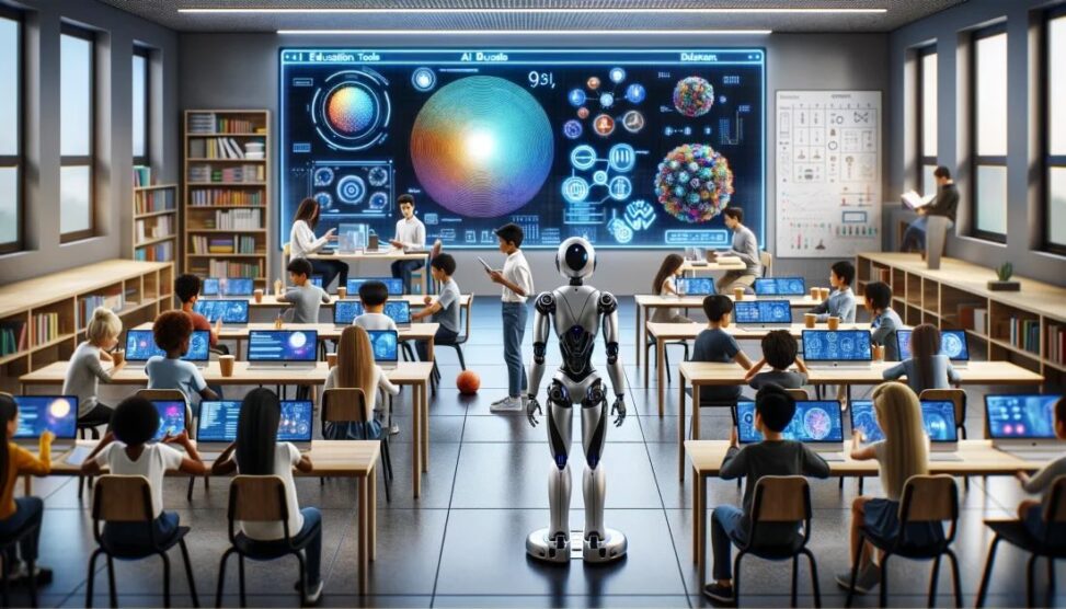 Back of a classroom view with diverse students in rows all focused on computer screens. A humanaid shaped robot teacher figure stands in between the rows, with arms out, not doing much. The front board is a high tech glowing screen full if colored circles and digital readouts.