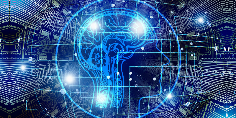A visualized human brain with blue light effects