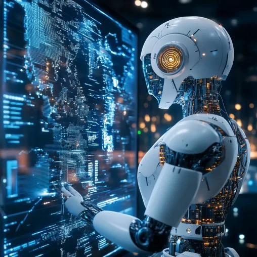 A svelte plastic clad robot appears to be gazing at economic data on a large, computer screen