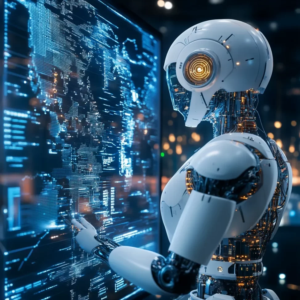 A svelte plastic clad robot appears to be gazing at economic data on a large, computer screen