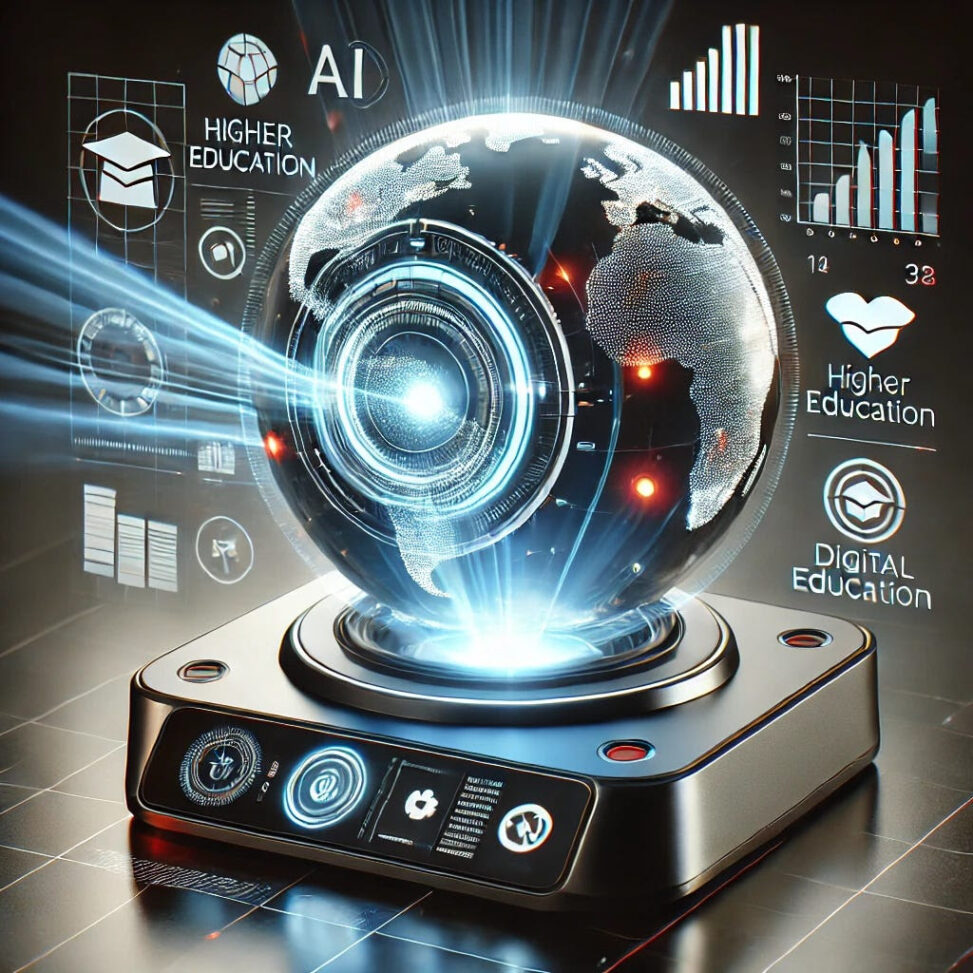GenAI graphic of a spherical orb emmitting blue rays outward to the ldeft, atop a square base with dial lights sitting on a shiny table. Behind are charts and small display screens with AI and Higher Education repeated a few times, not even mispelled.