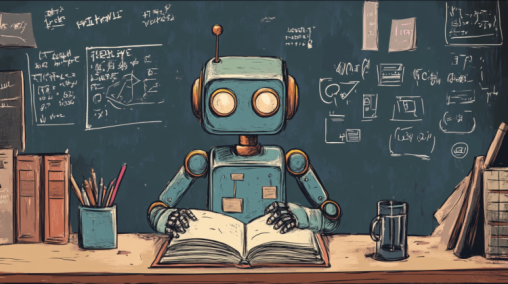 Cartoonish image of a robot sitting at a desk reading a book with nearby a cup of pencils, more books standing up, and for some reason a beer glass. Behind is a chalkboard covered with illegiable words, equations, and what looks like post it notes.