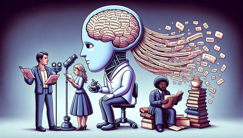 Graphic style image with large figure sitting on chair with an out of proprtion large head, exposing a brain with illegible words on lobes, behind the hed like long hair are more gibberish words that shed off the ends. In front is a white m,ain and girl standing in front of a micrphone. Behind is an african american man sitting on a pile of books reading one, and a large stack of books on the other side