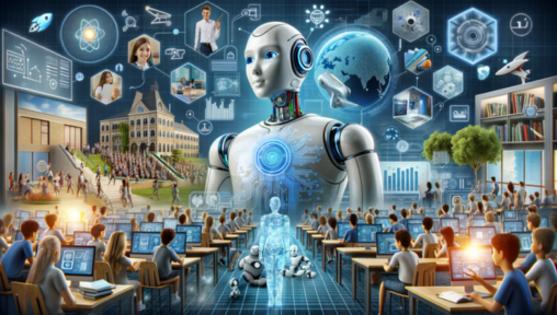 Someone\\\'s futuristic idea of an AI classroom, humans in rows of desks behind screens, and oversized giant robot peers blankly off screen, its face almost juvenile with large eyes, in the air oare diagrams and circles of people, technology. On the ground is a translucent standing robot and two more robots site with legs half folded on the floor.