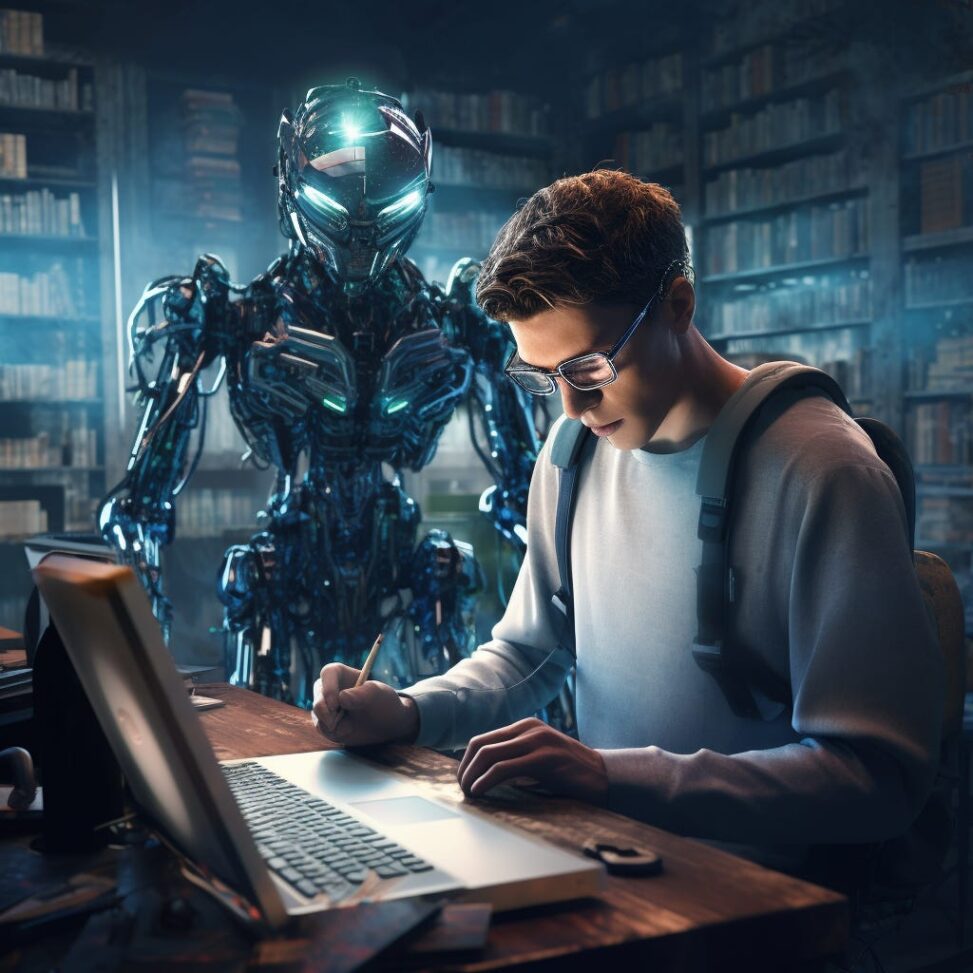 A male human wearing perhaps a backpack seated in front of a laptop supposedly taking a test. Towering over the student is a black metal human robot with a menacing face shape.