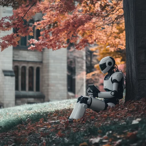 A white plastic robot sits reading from a tablet device under a tree, with autumn foliage behind and in the background a typical university campus style granite faced building