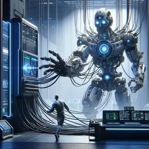 Robot about 5 times as high as a person in front with a giant hand and glowing blue eyes is tethereed to a machine on the left by wires on the fllor and ones hanging from the ceiling attached to its back.