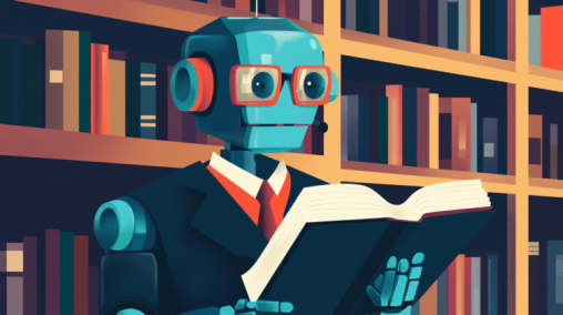 Cartoon style blue block head robot with glasses, wearing a tie, is standing holding an open thick book in front of a bookshelf.