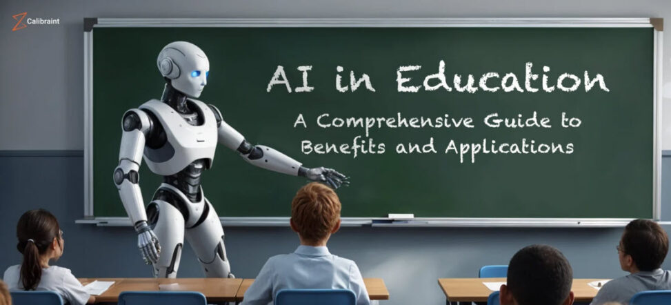 Humanoid robot standing in front of a chalkboard in front of a classroom full of youngs students