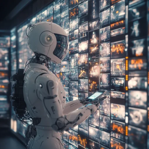 Humanod Robot figure made of white plastic gazes at a mobile devince in its hands as it stand in front of hundreds of digital display screens all of which show random colors and patterns.