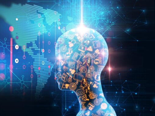Translucent blue glowing head shape gazes at digital map of the world. Some kind of bright beam of light comes down from above and crests the head.