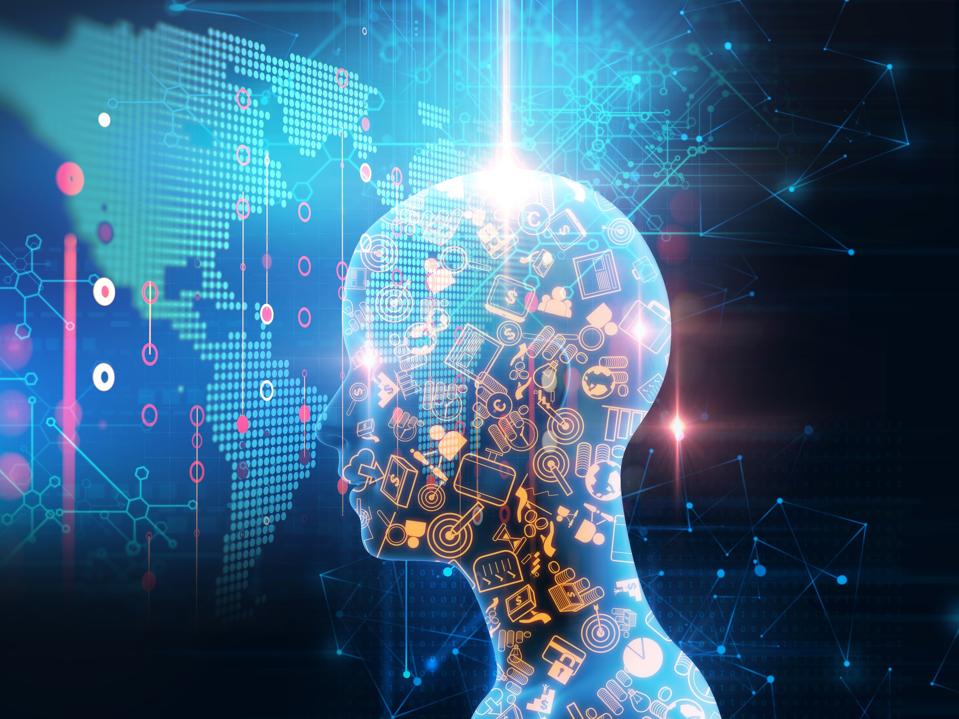 Translucent blue glowing head shape gazes at digital map of the world. Some kind of bright beam of light comes down from above and crests the head.