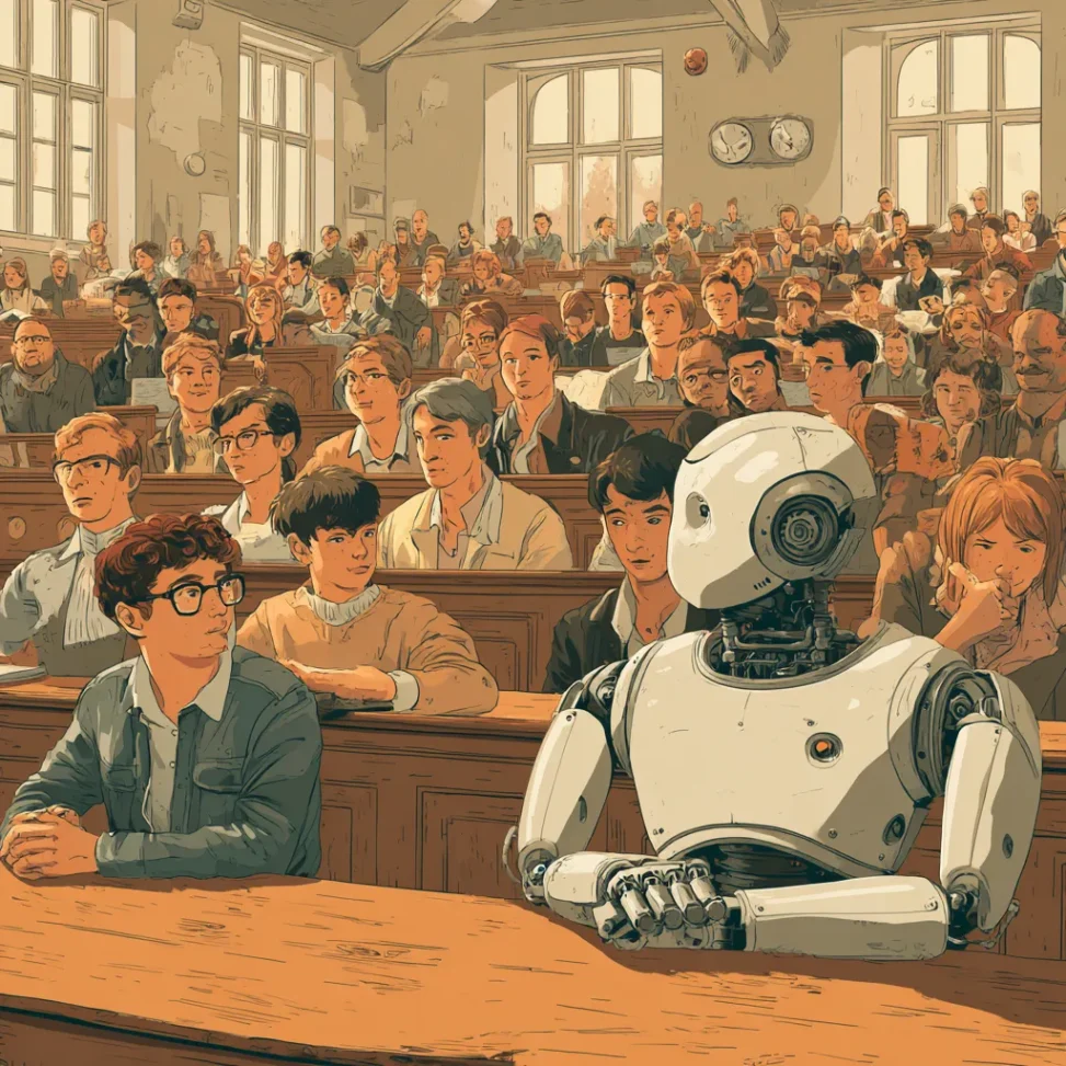Graphic style classroom seen with rows of students in tables stretching back to end of large hall. In the front a young male in glasses stares to his side at a plastic large robot who seems to be looking at the human the same way.