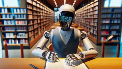 Robot seated at table with gaze focused on pad of paper and poised with pen in hand. The scene is in what looks like a library with many rows of shelves.