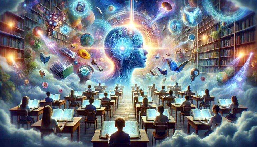 Large blue tinted humanoid head with glow lines surrounded by bubles of everything from books and globes and footballs and butterflies towers over rows if kids passively sitting at desks each with a large open book.