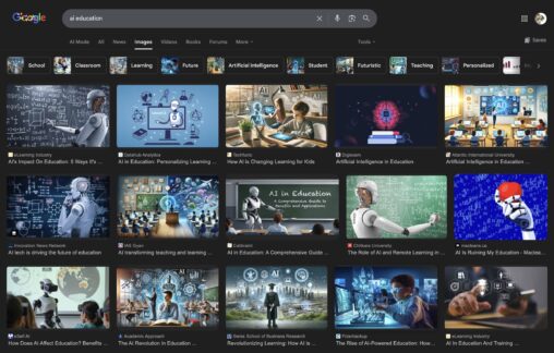 Results of Google image search on AI education that show a dominance of blue tinted images of robots as gteachers and mainly in traditional classrooms or standing in front of chalkboards.
