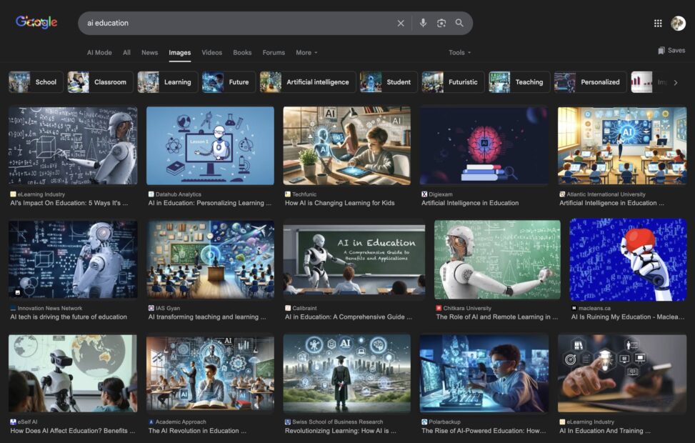 Results of Google image search on AI education that show a dominance of blue tinted images of robots as gteachers and mainly in traditional classrooms or standing in front of chalkboards.