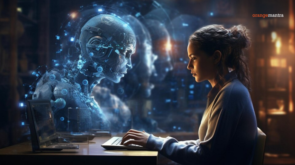 On right a yound woman seeminbly in deep thought types on a keypad. Just opposite on left is a large header, ghost like robot head seemingly staring at her.