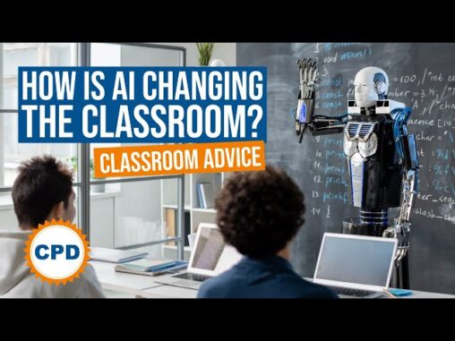 Headline text reads How is AI changing the classroom: classroom advice. Two students in front row with laptops open and in front fo the room is a blackboard with hand writing. The change here is the teacher is a robot with a hand in the air.
