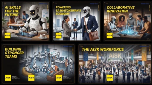 5 different images of robots and humans acting ffriendly in modern glass office buildings, malls, high high tech classrooms with text like \