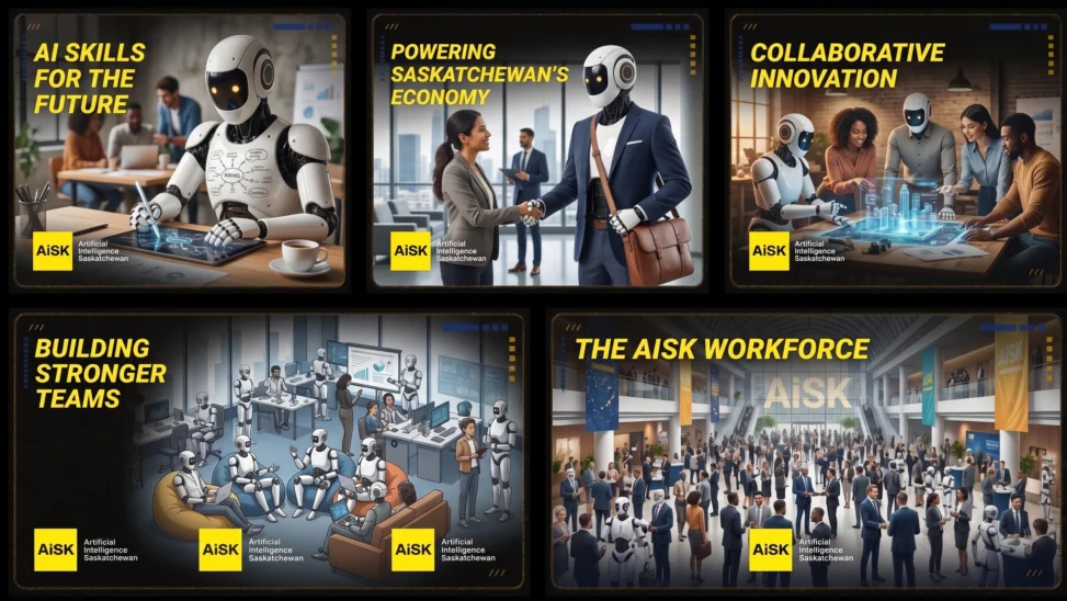 5 different images of robots and humans acting ffriendly in modern glass office buildings, malls, high high tech classrooms with text like \