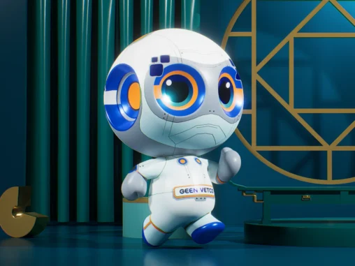 Small white, blue, and orange robot standing in a futuristic blue room with teal columns and a gold geometric structure.