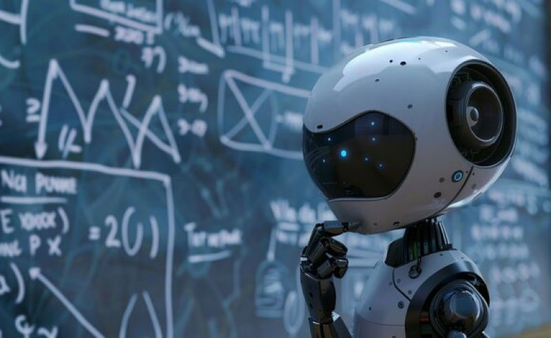 Humanoid plastic tobot with overly sized head peers at a chalkboard as if pretending to be thinking.